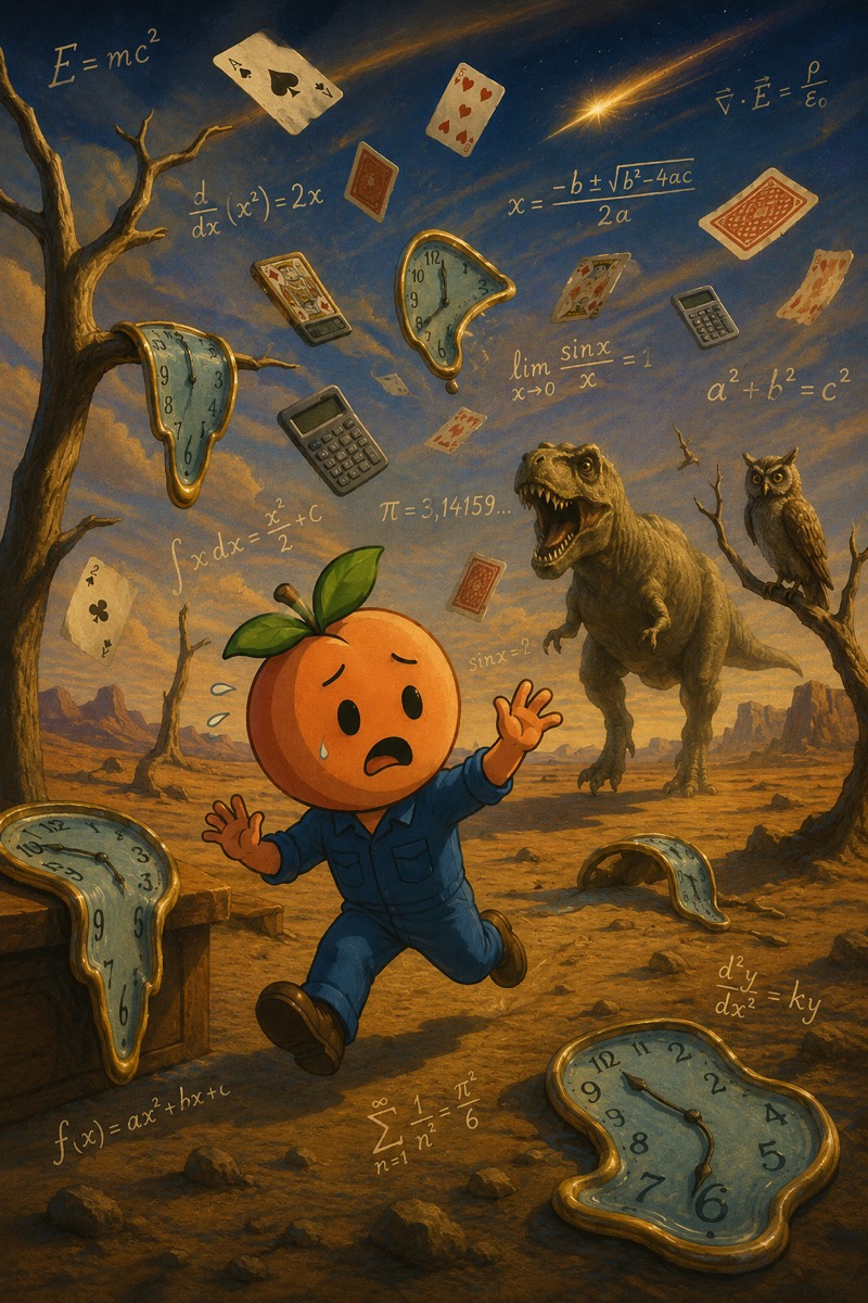 A cartoon peach in blue overalls running through a desert of melting clocks, playing cards, calculators and floating mathematical formulas, chased by a dinosaur