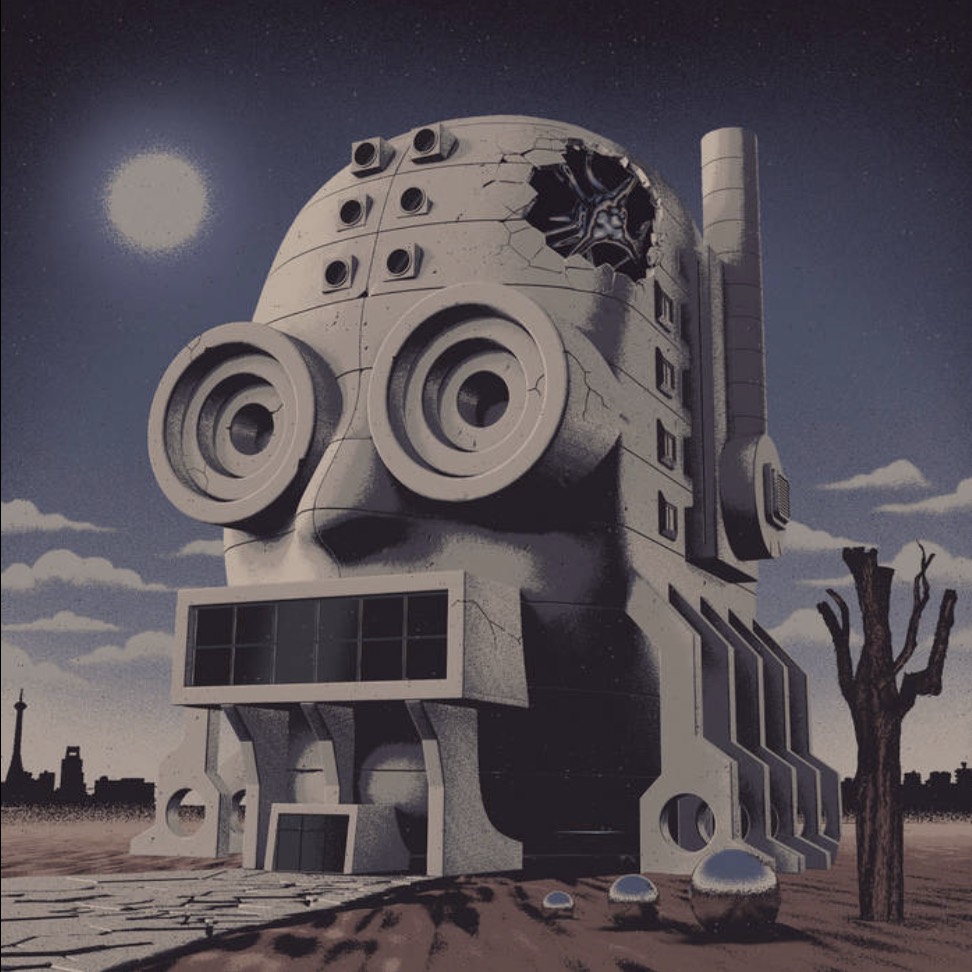 Album cover art depicting a giant concrete building shaped like a head, standing in a desert under a pale sun