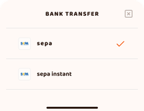 When choosing Bank Transfer, we’ll first need to choose either between SEPA transfer, or SEPA instant.