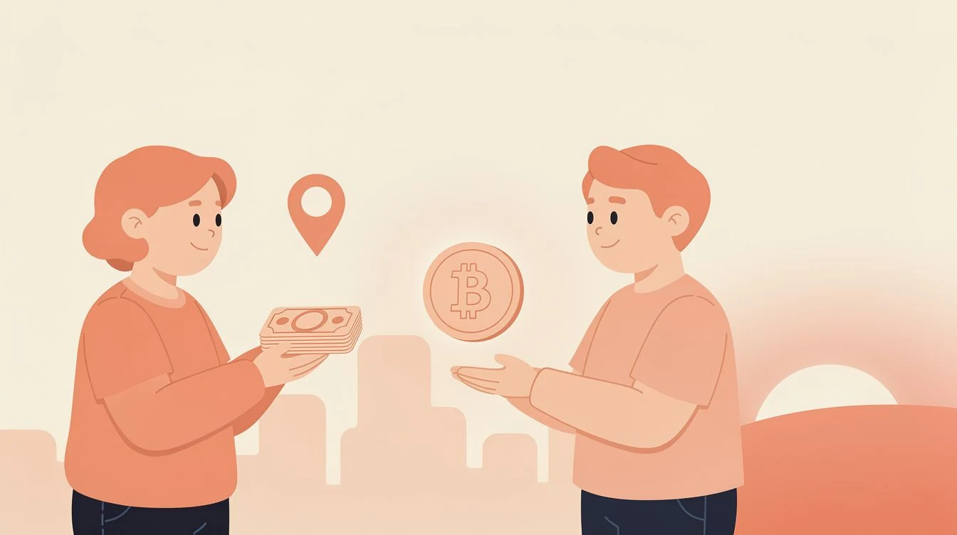 Two friendly people trading Bitcoin for cash face-to-face at a local meetup, with a peach Bitcoin coin and a map pin over a city skyline