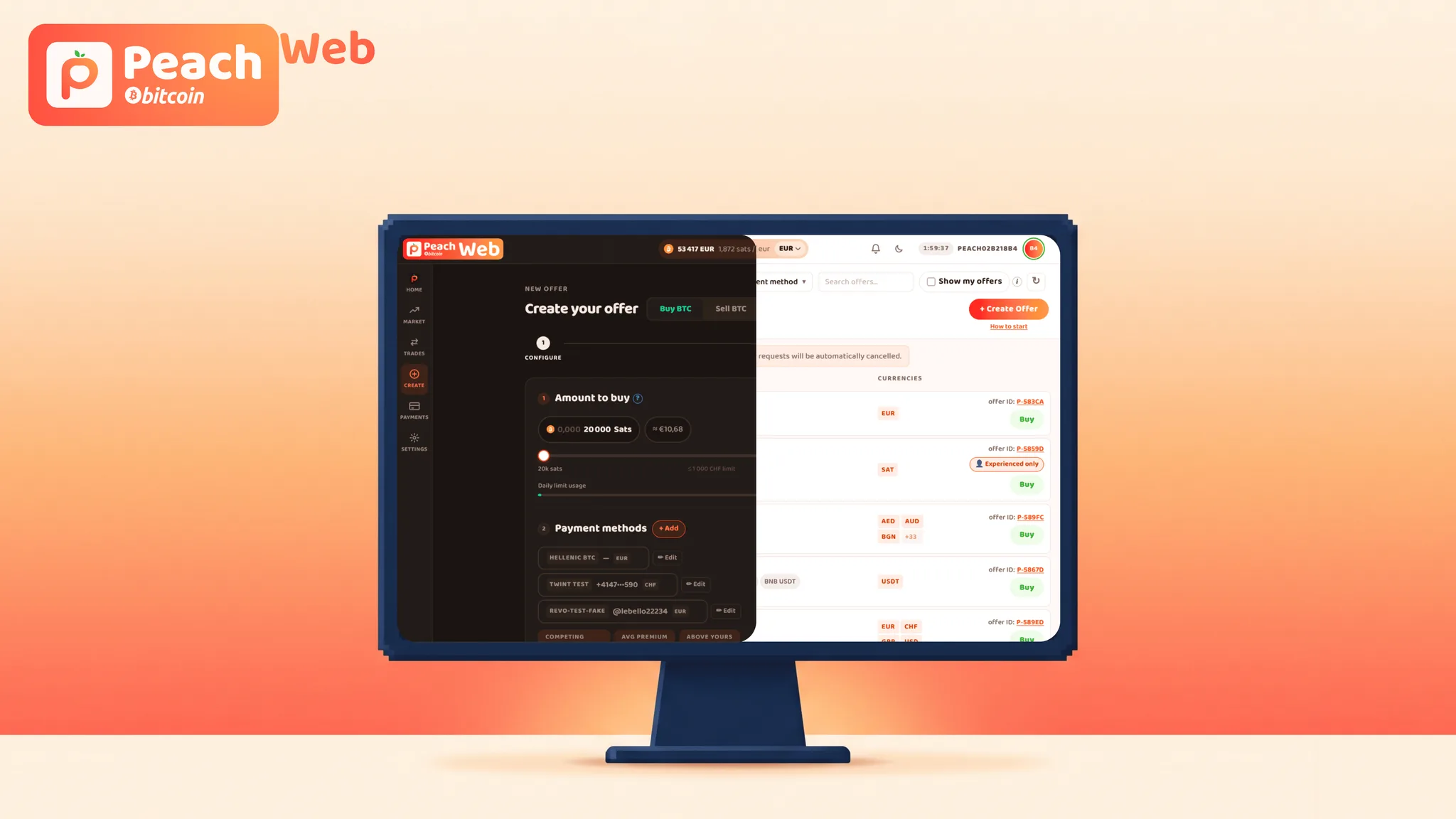 Peach Web auf einem Desktop-Monitor, mit Marktplatz und Angebotserstellung in dunklem und hellem Modus