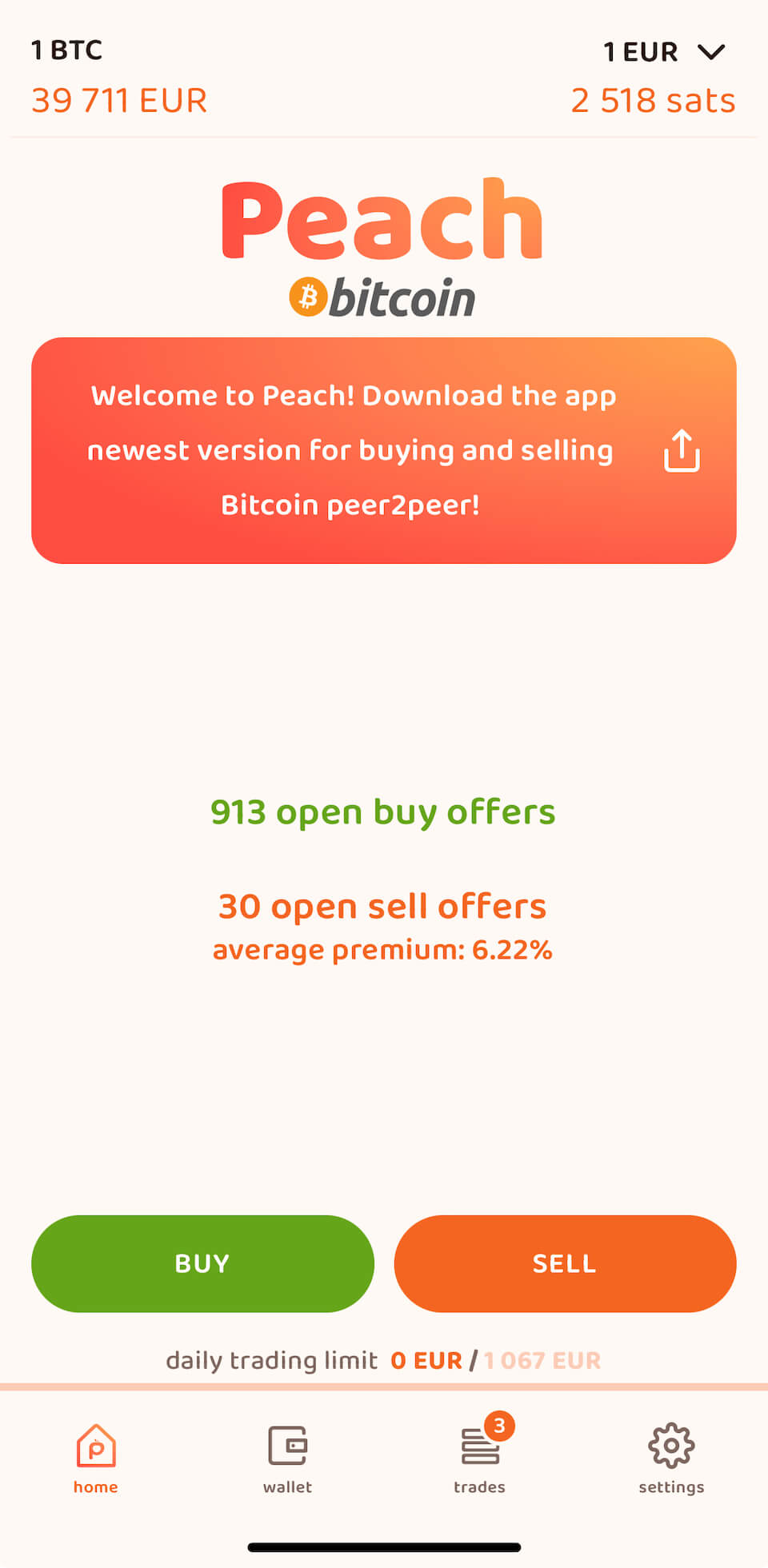 Peach 0.4, December: New UX again! Publish a sell and buy offer in one screen, live market data integration, instant-trade functionality, repeat trader badge, shareable news in the home page!