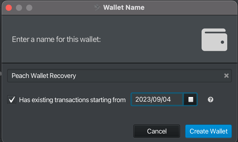 1. Create new wallet and give it a name. If you know the birth date of your wallet, you can enter it here as well.
