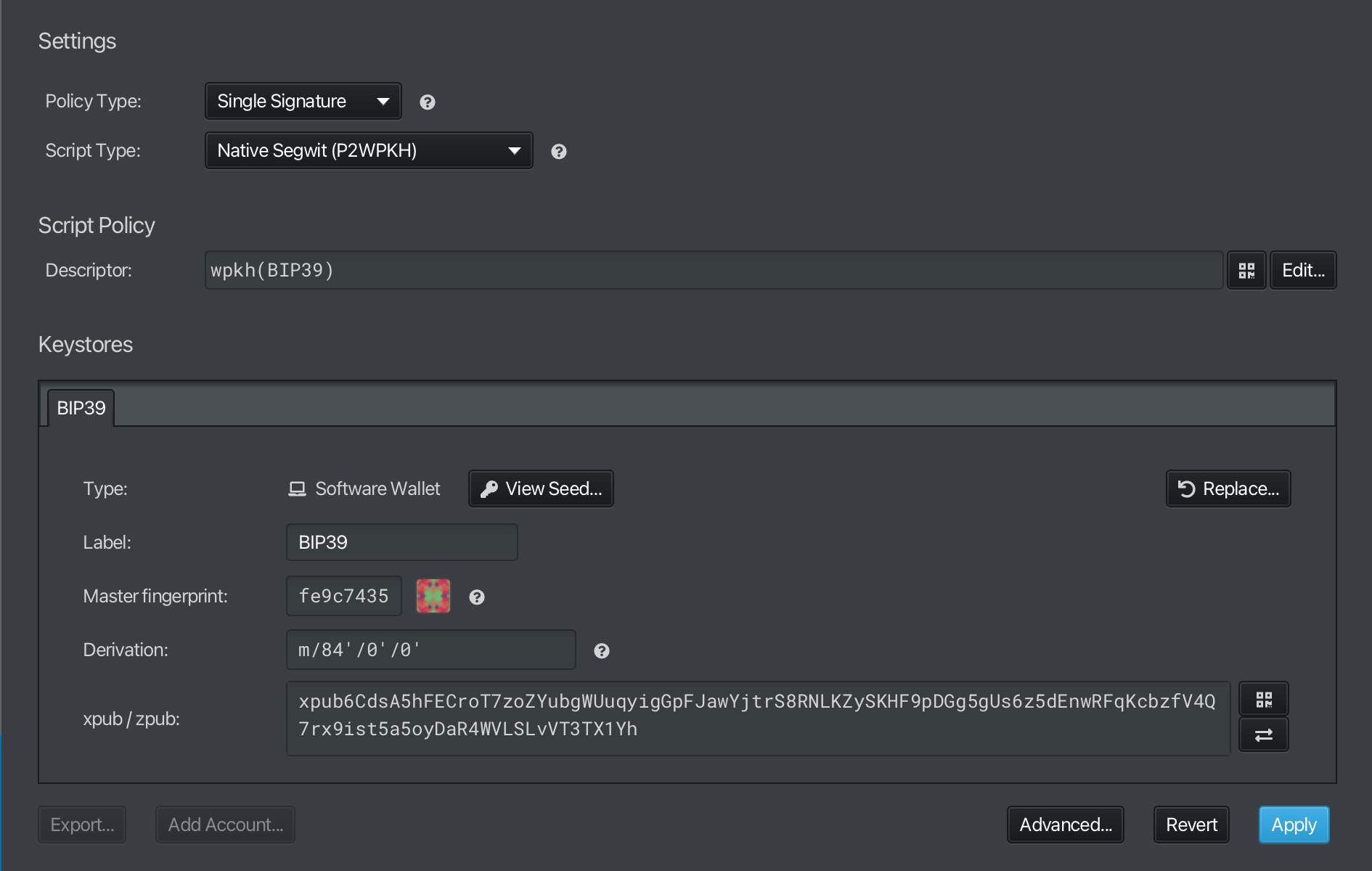 5. Verify that policy type is "Single Signature" and script type is "Native Segwit". Then press "Apply"