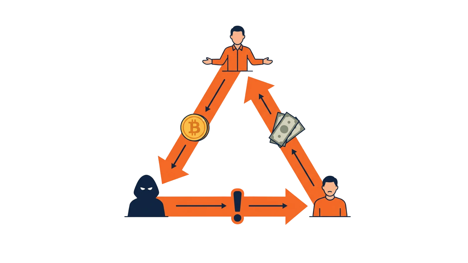 Diagram of a triangulation scam: a triangle linking a scammer, an unwitting victim, and an honest seller, with Bitcoin flowing from the seller to the scammer, cash from the victim to the seller, and a warning from the scammer to the victim