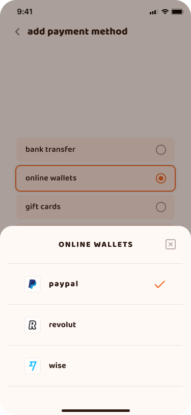 Se abrirá un cajón donde puedes seleccionar qué billetera en línea quieres agregar. Seleccionemos PayPal.