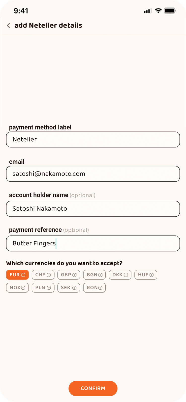 All you have to do here is fill in your details. You can also indicate if your wallet can receive any additional currencies.