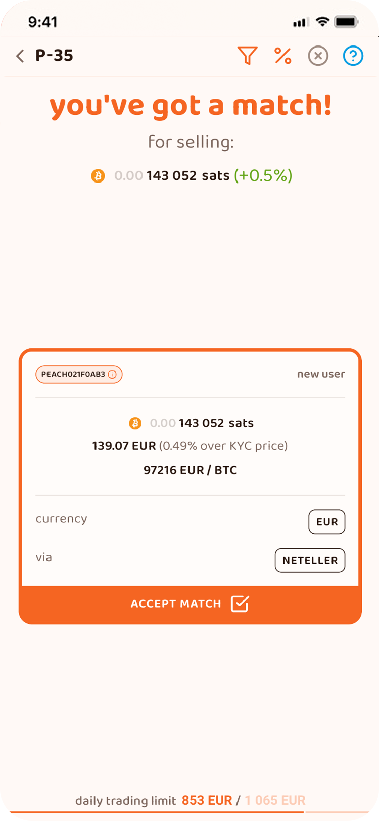 After you've selected a match, the trade is officially made. You'll get to see from where the buyer will be making the payment, and for how much. You can also chat with your buyer should you have any questions.