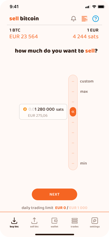 First, you'll select how much you want to sell. You can select any amount, but there is a maximum to prevent your offer for going over the daily limit and becoming unavailable.