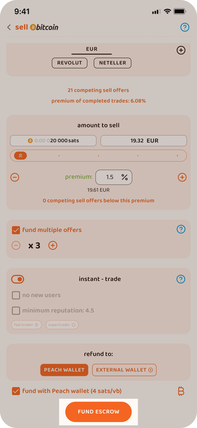 The last step before your sell offer is published is to fund the escrow to secure the trade. You'll send the bitcoin to this address from the wallet that you have it in right now.