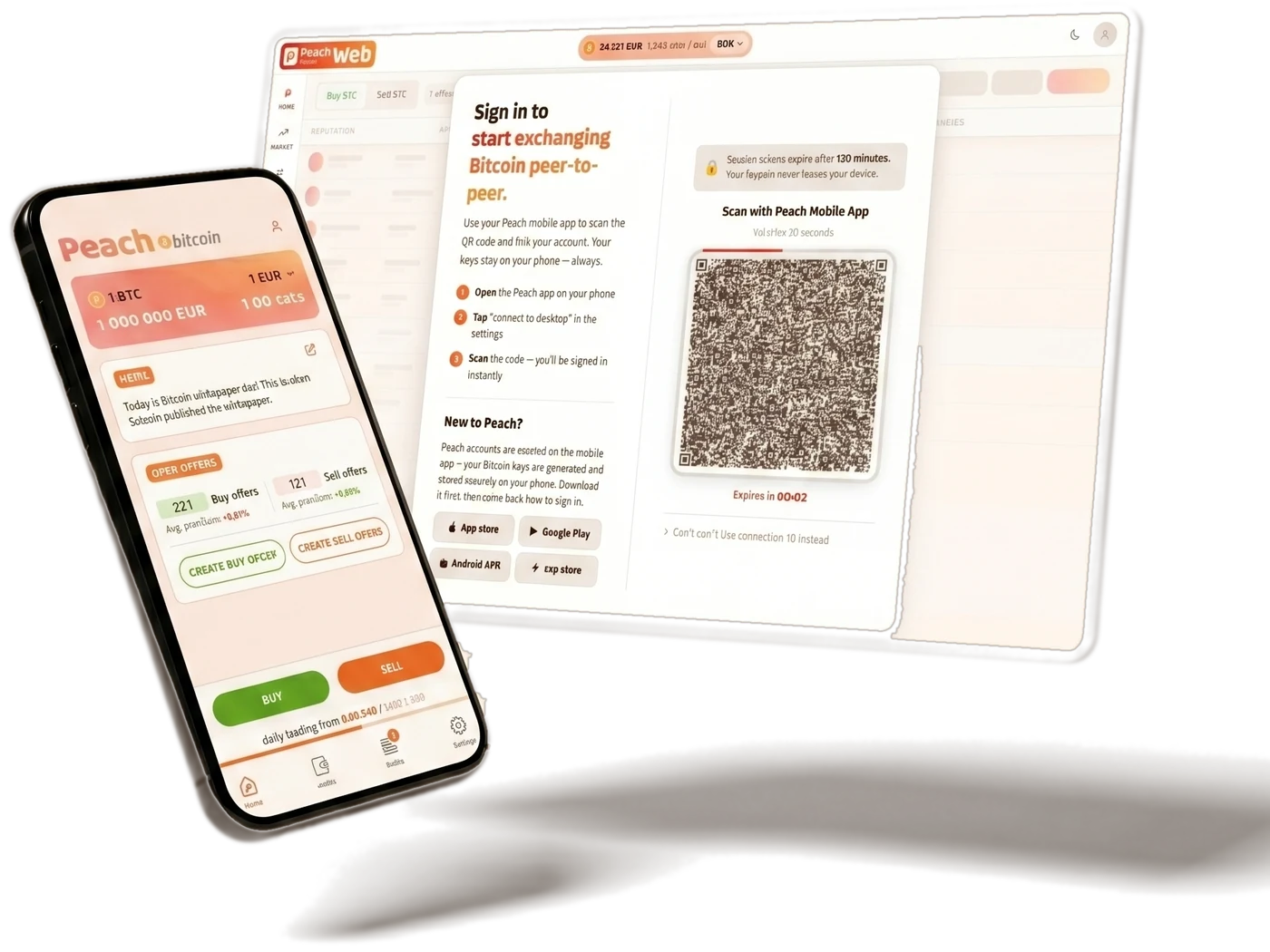 Peach mobile app on a phone in front of the Peach web app in a desktop browser