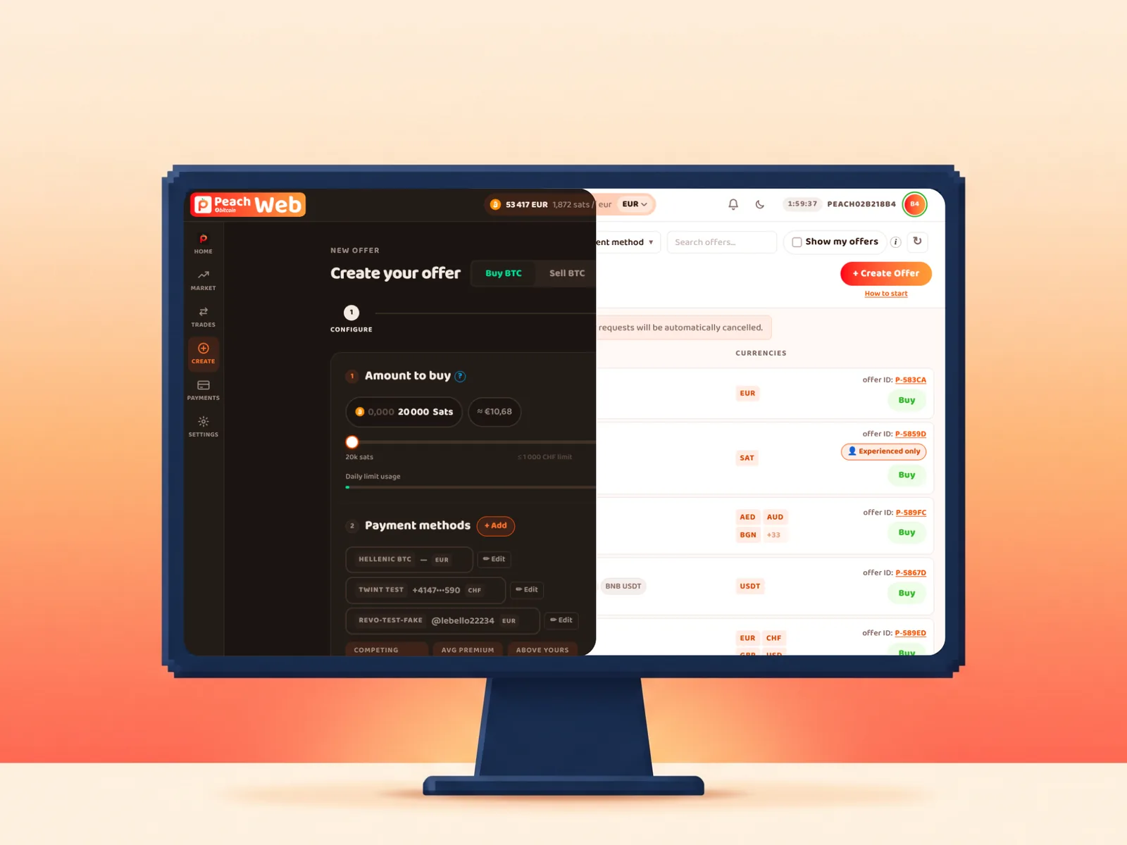 The Peach web app showing the bitcoin order book in a desktop browser