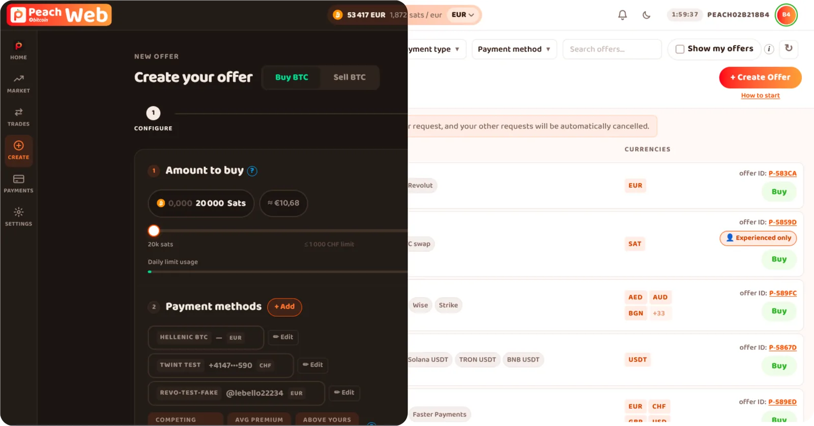 La web app di Peach con l'order book di bitcoin in un browser desktop