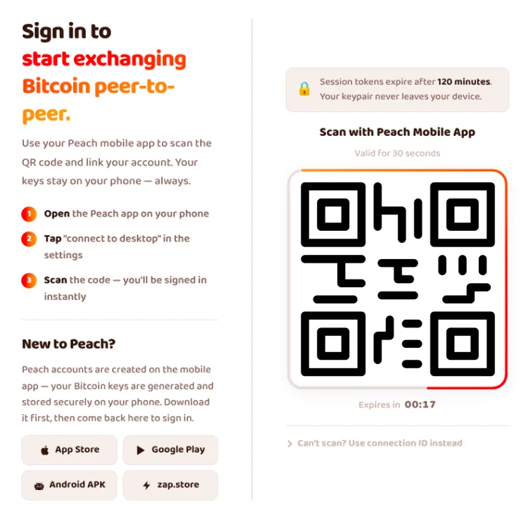La schermata di accesso della web app di Peach con un codice QR di abbinamento da scansionare con l'app mobile